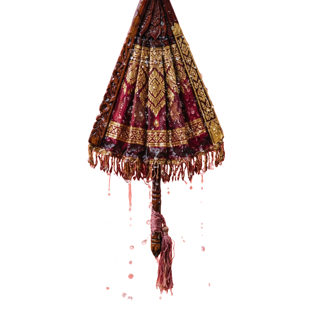 Decorative lamp shade featuring intricate embroidery and a fringed bottom hanging against a dark background