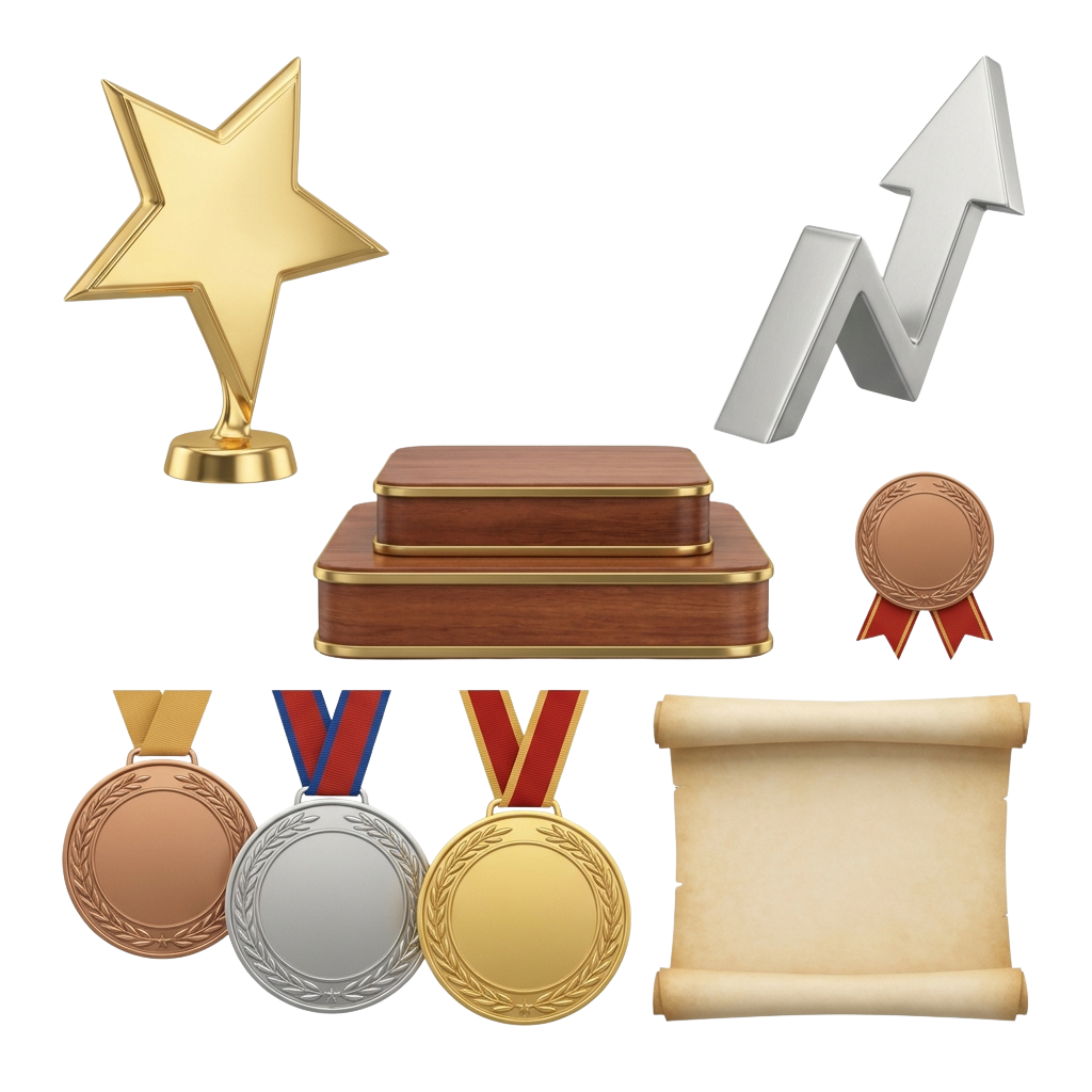 Collection of award symbols including trophies, medals, scroll, ribbon, and upward arrow on black background