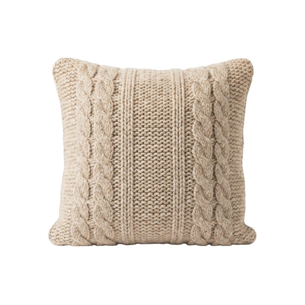 Square cream-colored knit pillow with intricate cable stitch patterns on sides and smooth knit center