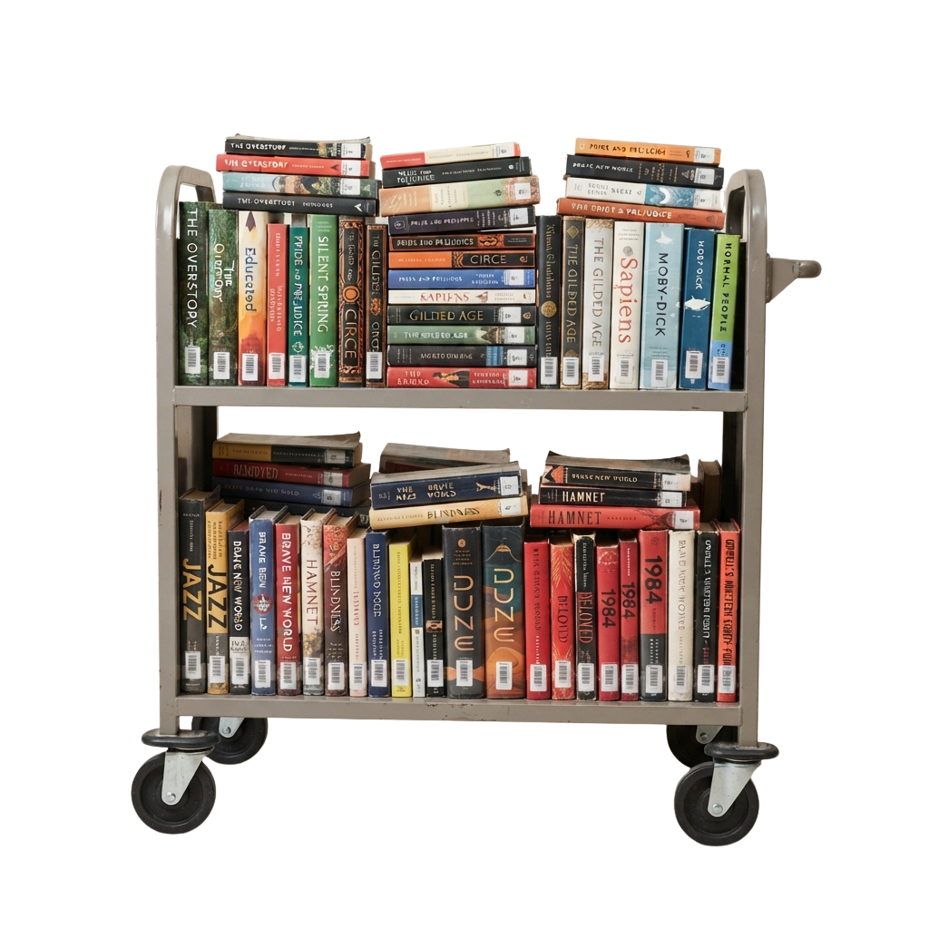 A mobile bookshelf filled with books on two levels, including fiction and nonfiction titles.