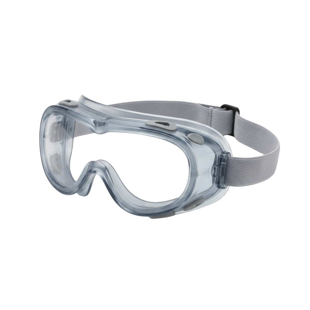 Clear safety goggles with a gray adjustable strap for eye protection