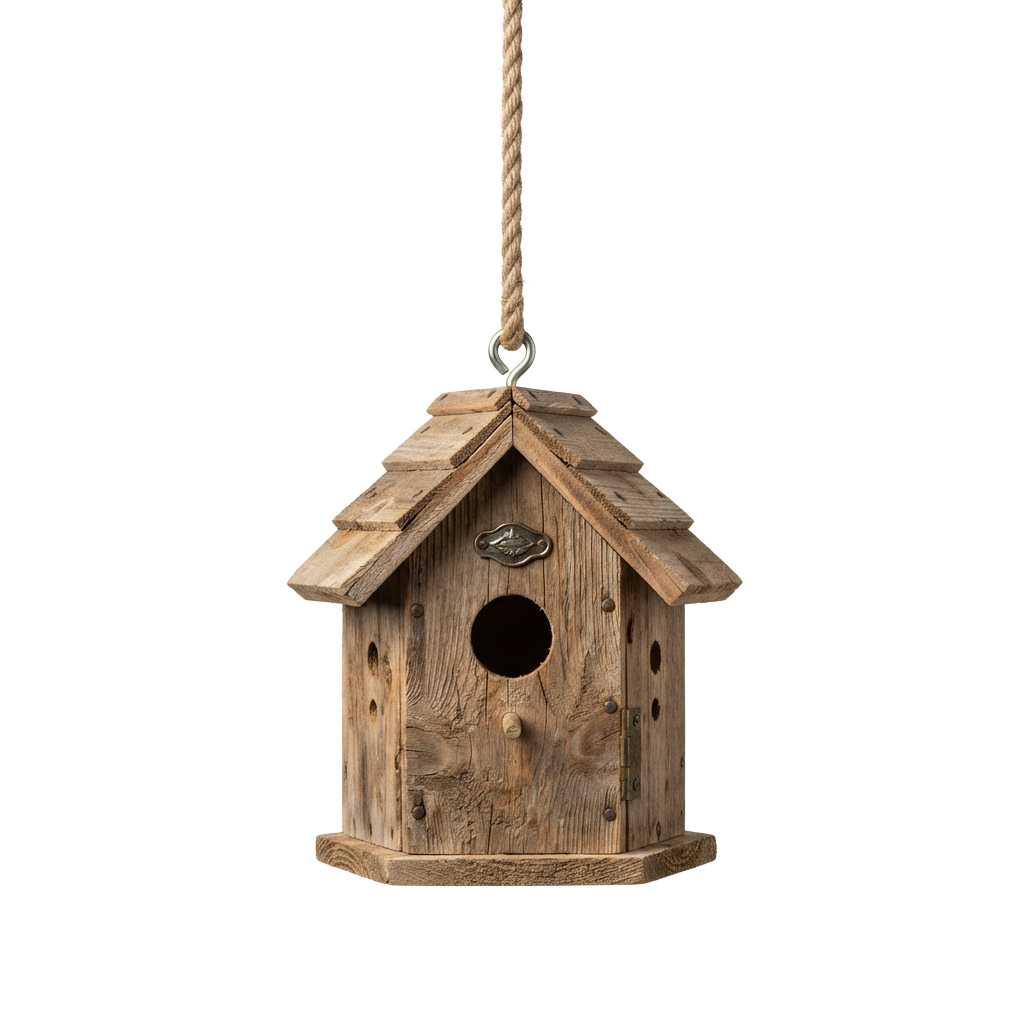 A wooden birdhouse with a sloped roof hanging by a rope against a dark background