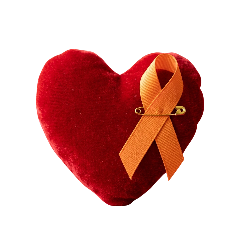 A red heart-shaped object with an orange ribbon pinned to it on the right side
