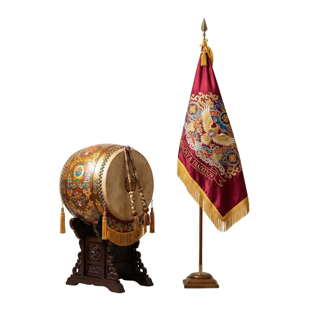 Decorative drum with intricate designs and a ceremonial flag featuring an eagle emblem and text.