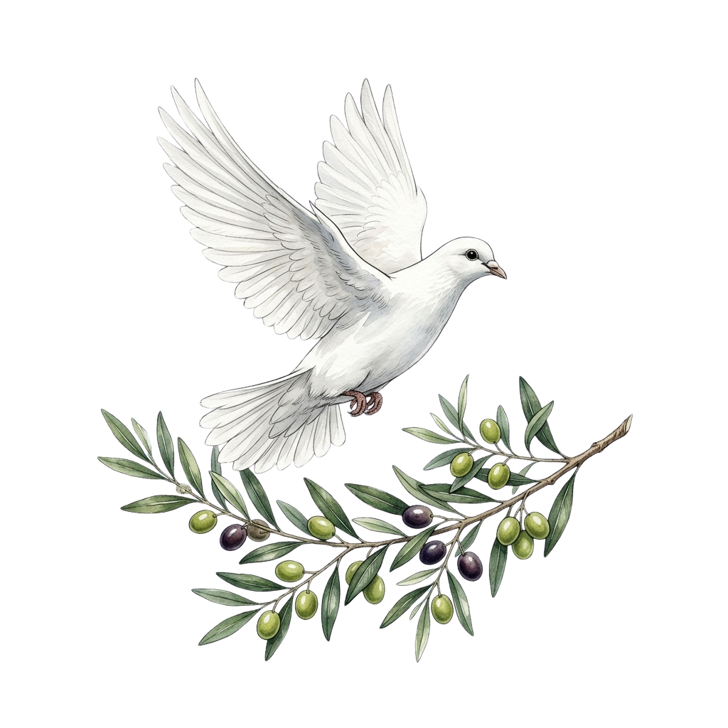 A white dove in flight above an olive branch with green and purple olives