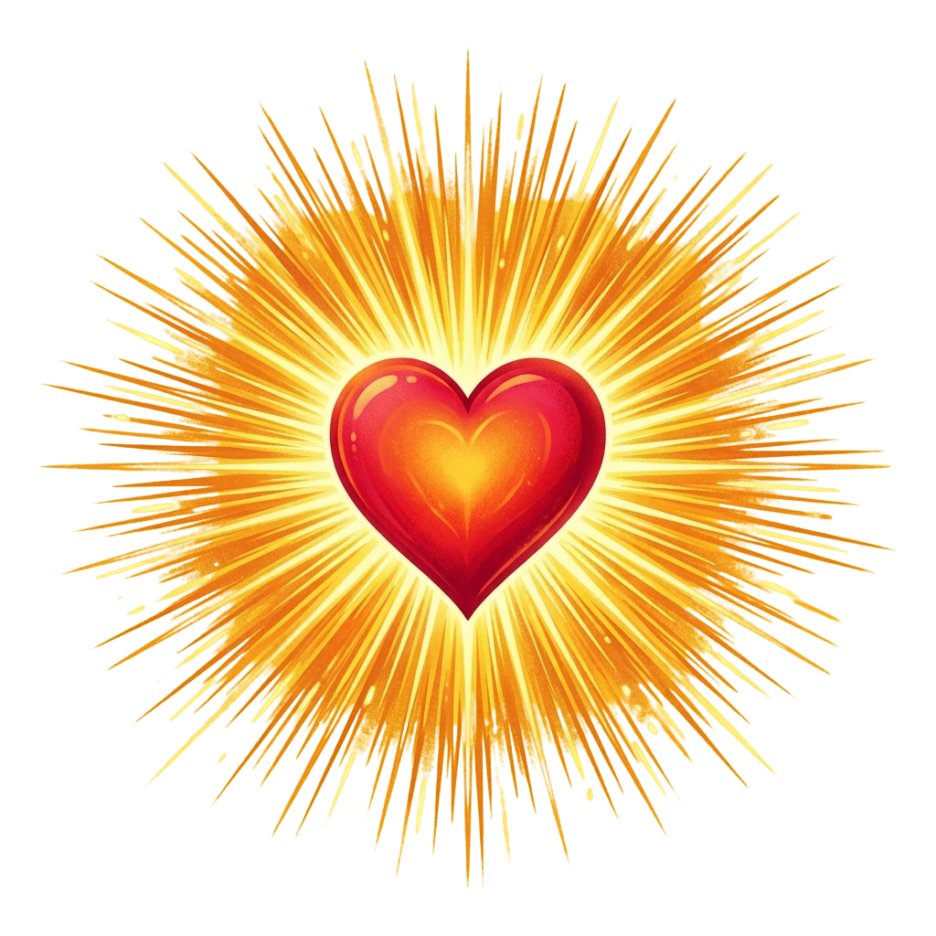 A glowing red heart emitting bright golden rays against a black background