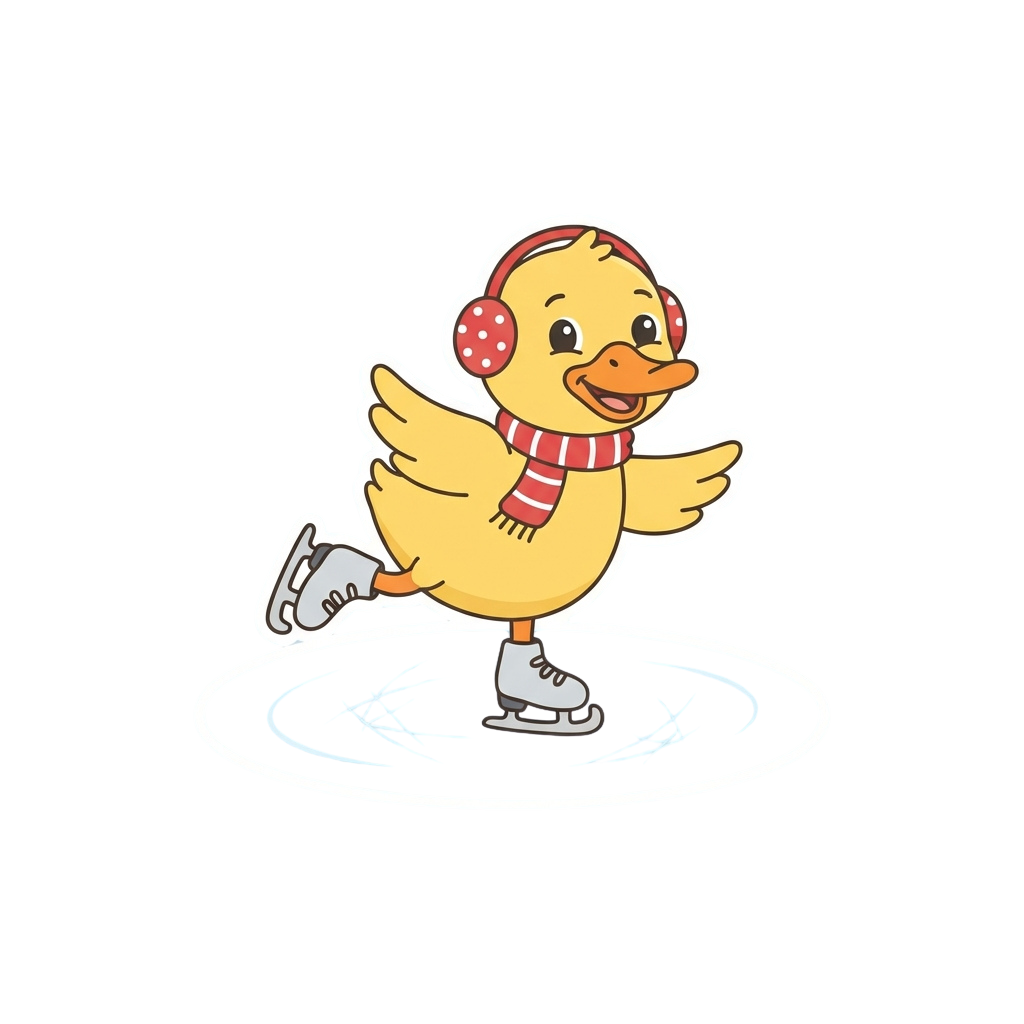 A cheerful yellow duck wearing headphones, a scarf, and ice skates gliding on an ice rink