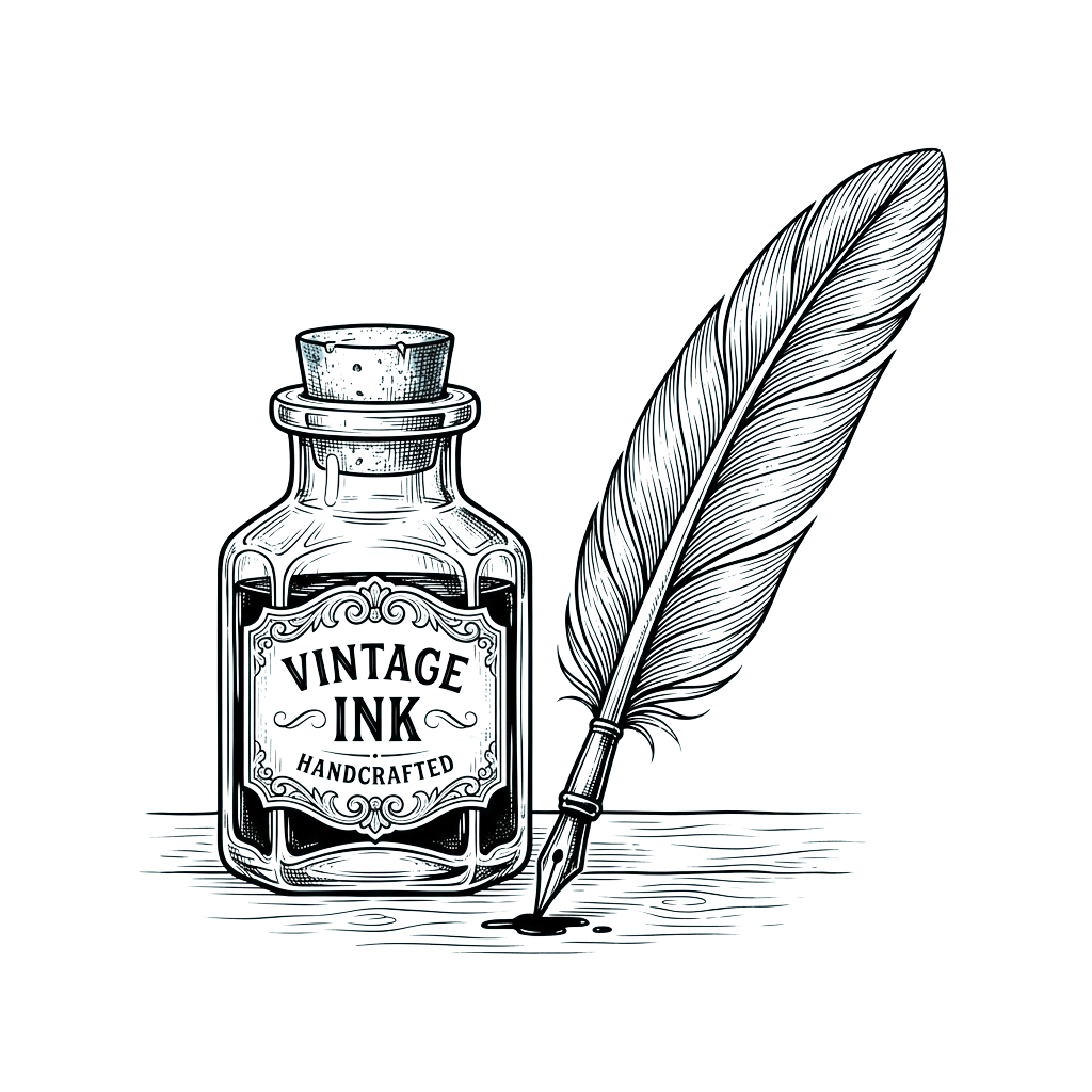 Vintage Ink Bottle and Quill PNG