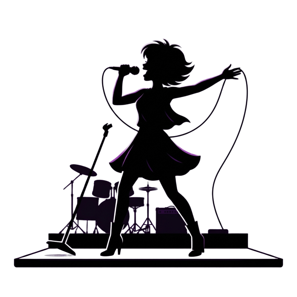 A silhouette of a dancer in mid-movement on stage with flowing fabric and purple lighting.