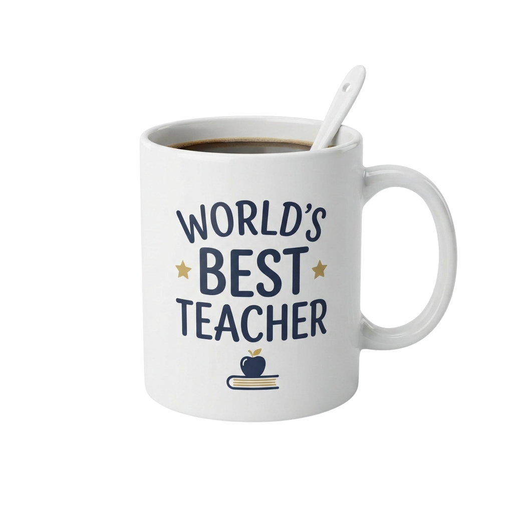 White ceramic mug with text reading Worlds Best Teacher and a small apple on a book graphic