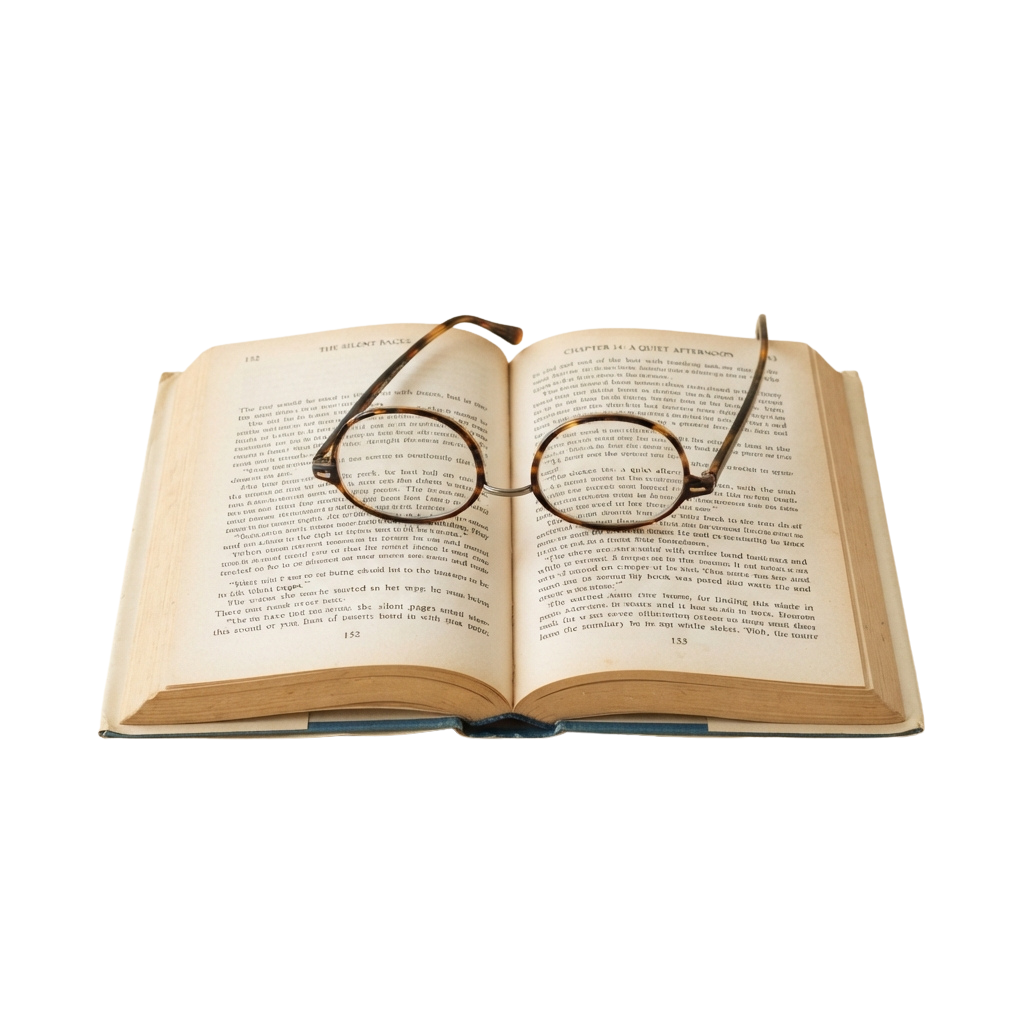 An open book displaying text with a pair of glasses resting on the pages.
