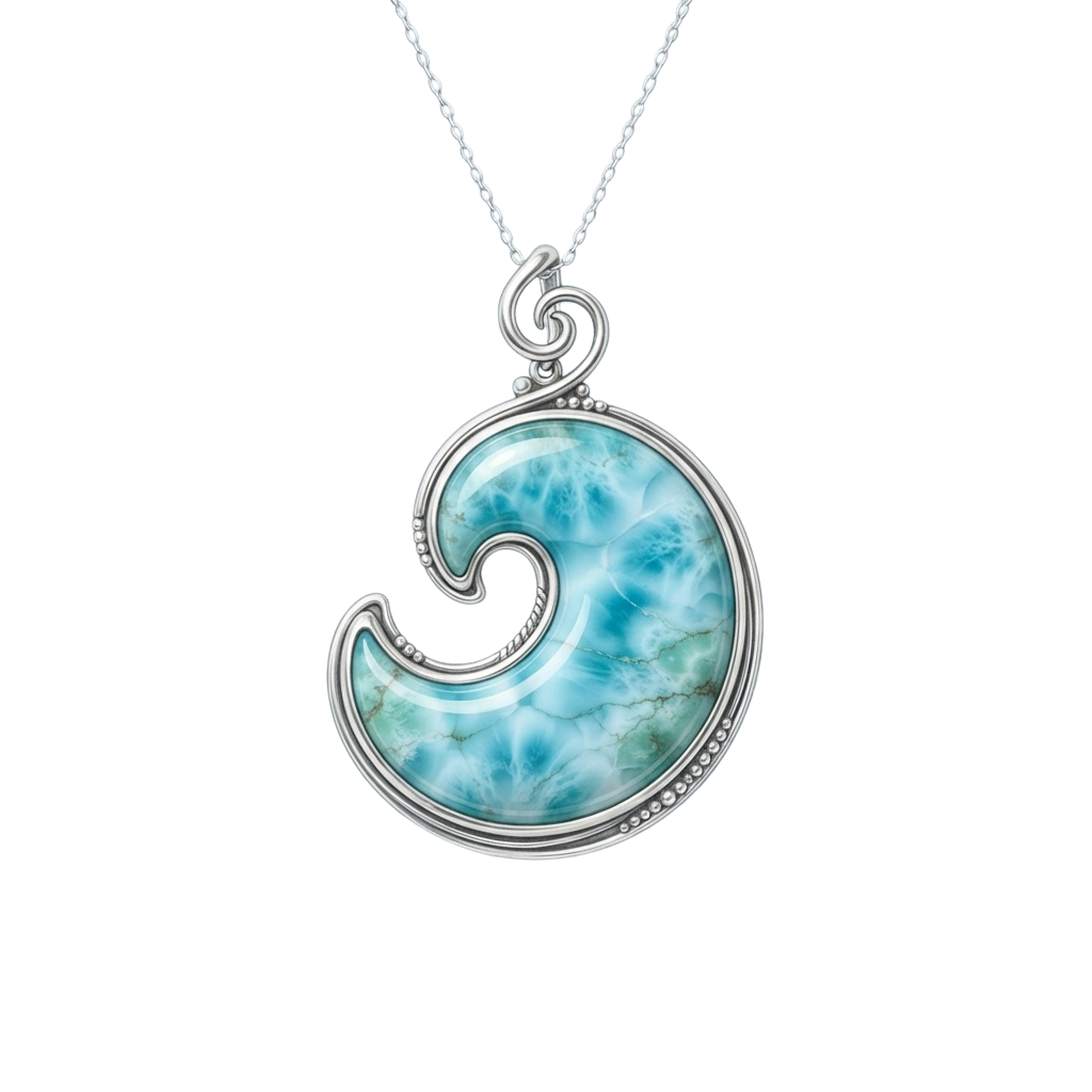 A silver pendant featuring a turquoise stone in a spiral swirl shape on a silver chain
