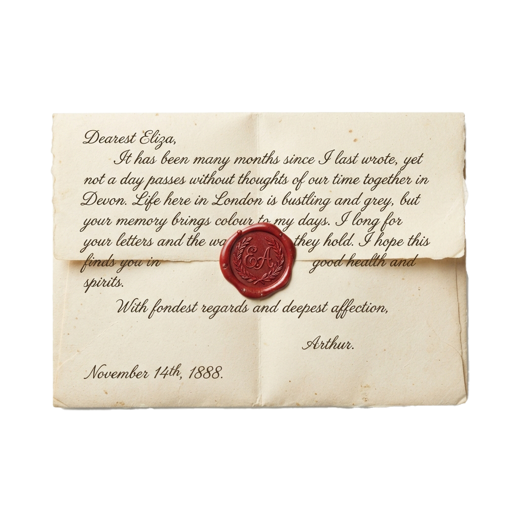 Old-fashioned letter with wax seal reading E F, dated November 14th, 1888, addressed to Eliza from Arthur
