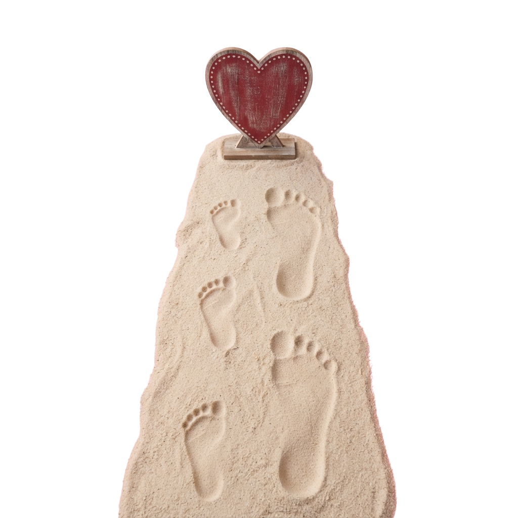 A heart-shaped wooden decoration on top of a rock with carved baby footprints.
