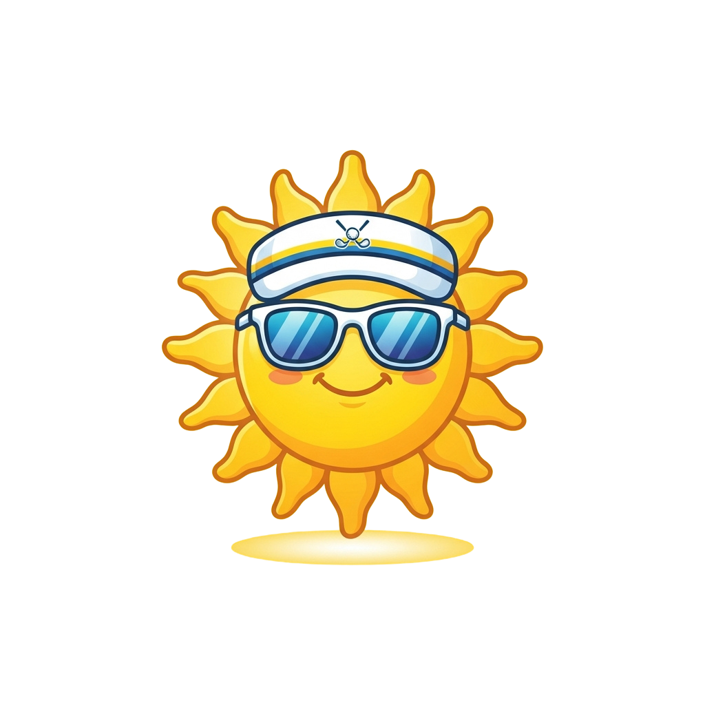 A smiling cartoon sun wearing sunglasses and a headband with a small logo