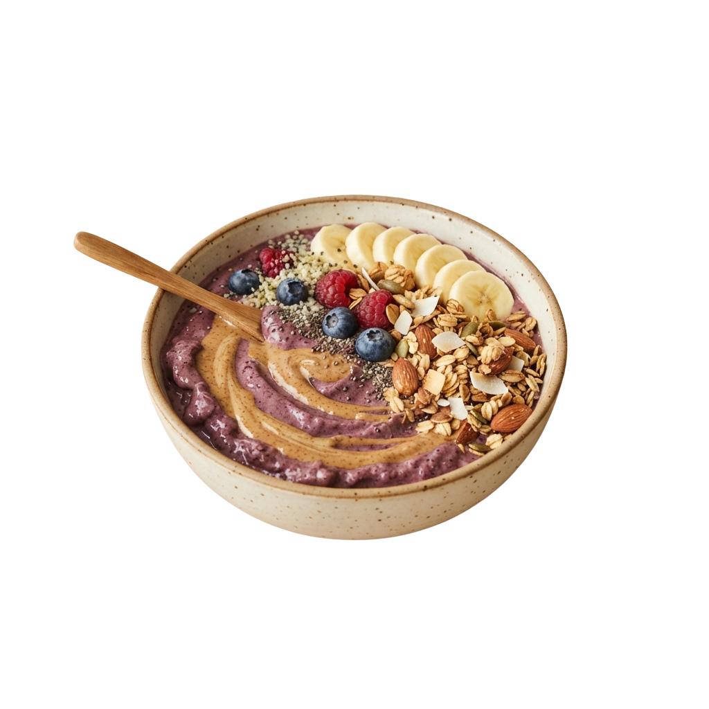 A bowl of oatmeal topped with banana slices, blueberries, raspberries, almonds, and seeds on a wooden spoon