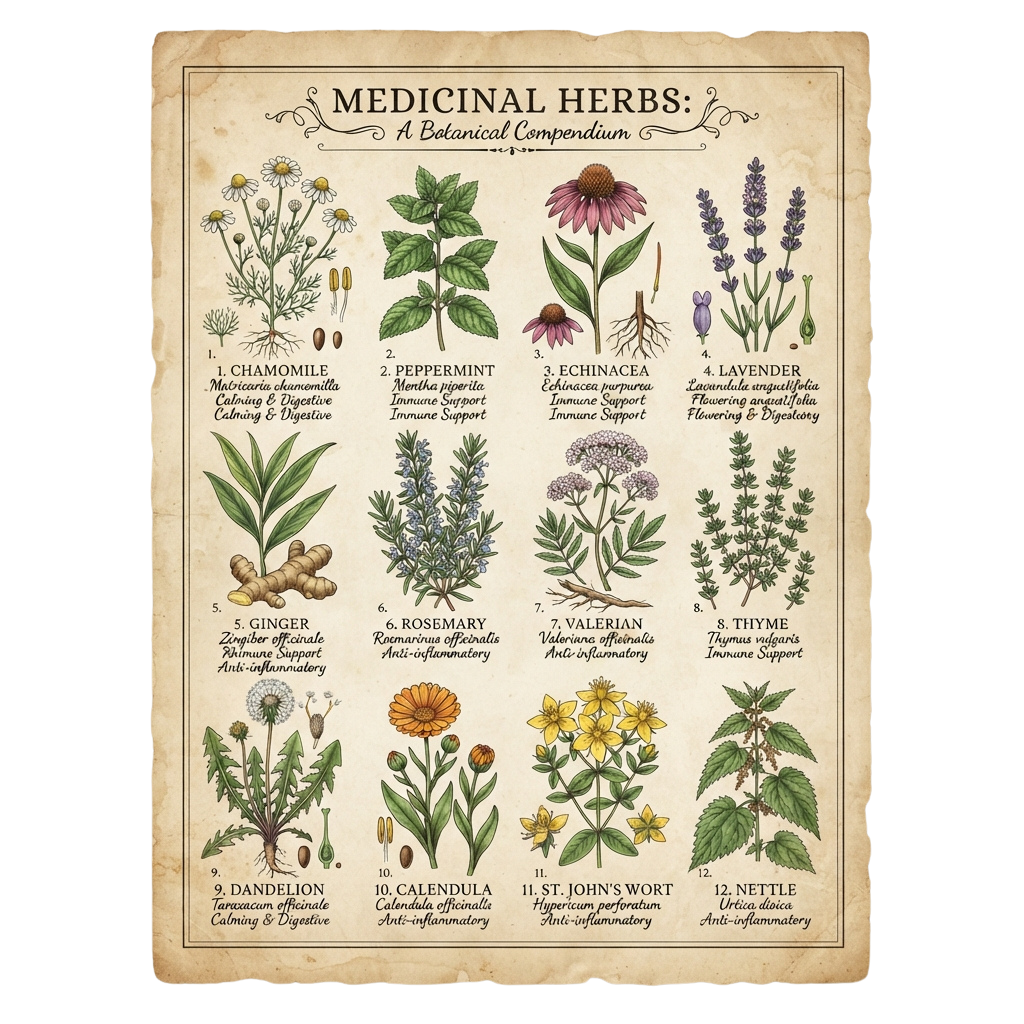 Illustrated guide showing 12 medicinal herbs with names and health benefits