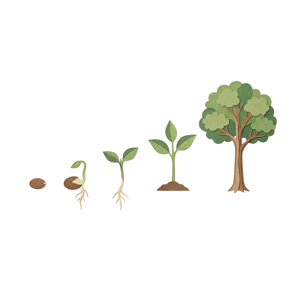 Illustration showing five stages of plant growth from seed to a fully grown tree