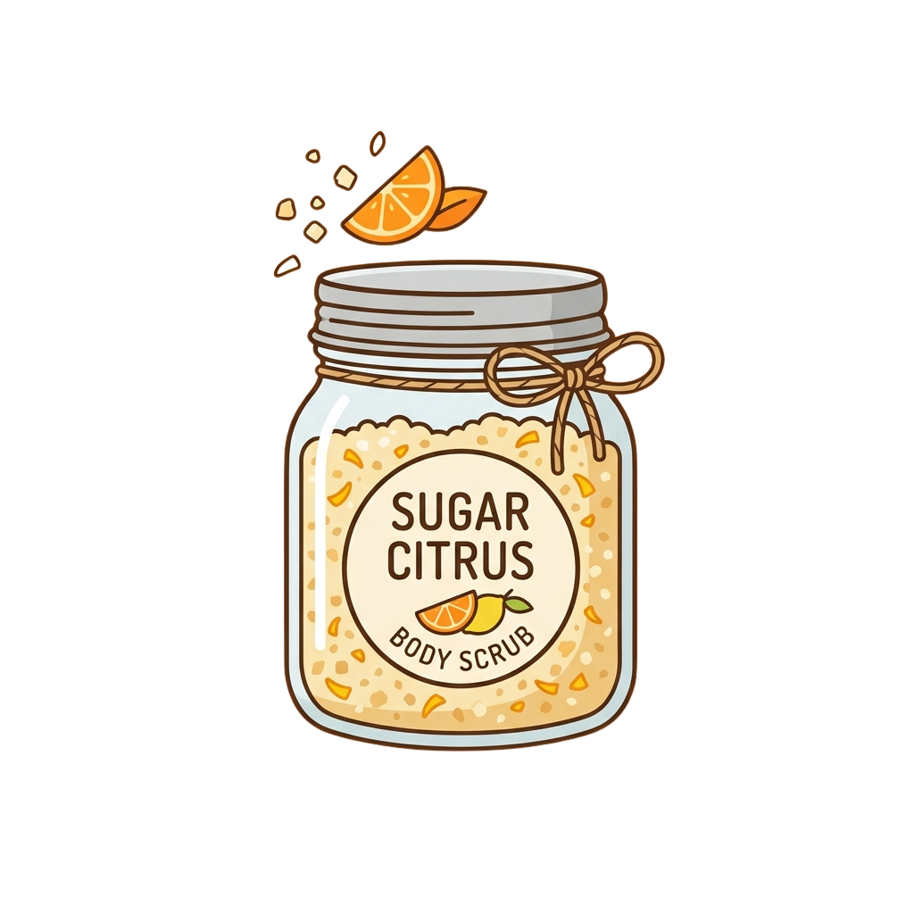 Illustration of a jar of sugar citrus body scrub with a slice of orange and sugar pieces floating above it