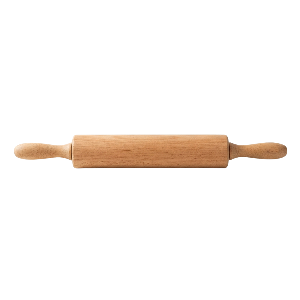 A light-colored wooden rolling pin with rounded handles on both ends