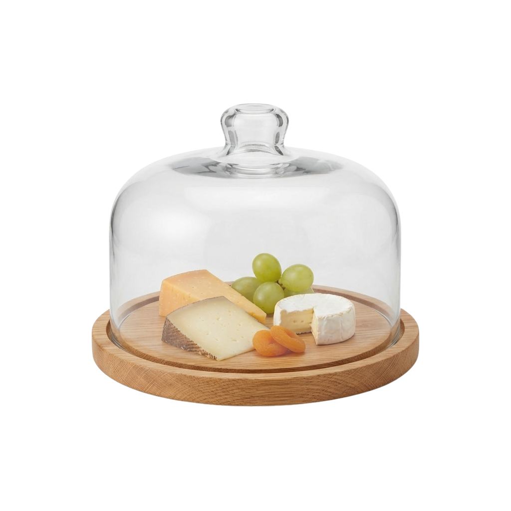 A glass dome covering a wooden cheese board with cheese slices, grapes, and baby carrots