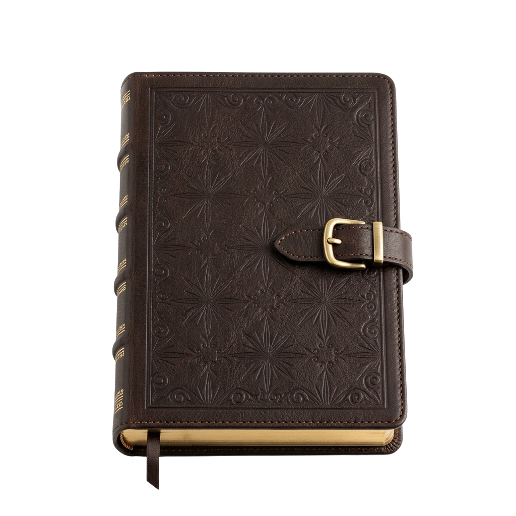 A rich brown leather-bound book with intricate embossed designs and a gold-toned buckle closure.