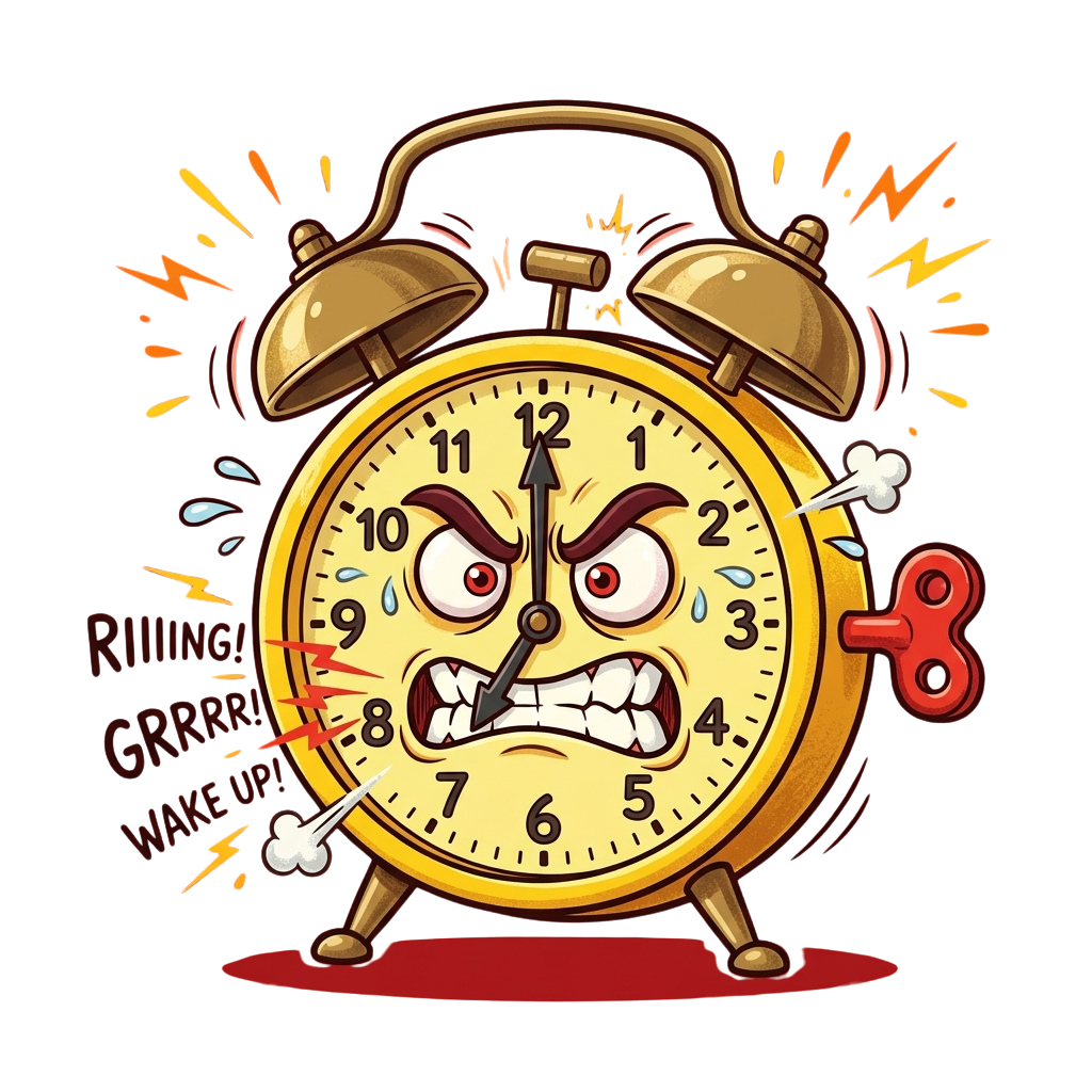 An animated alarm clock with an angry face, lightning bolts, and a snooze button, indicating wake-up time.