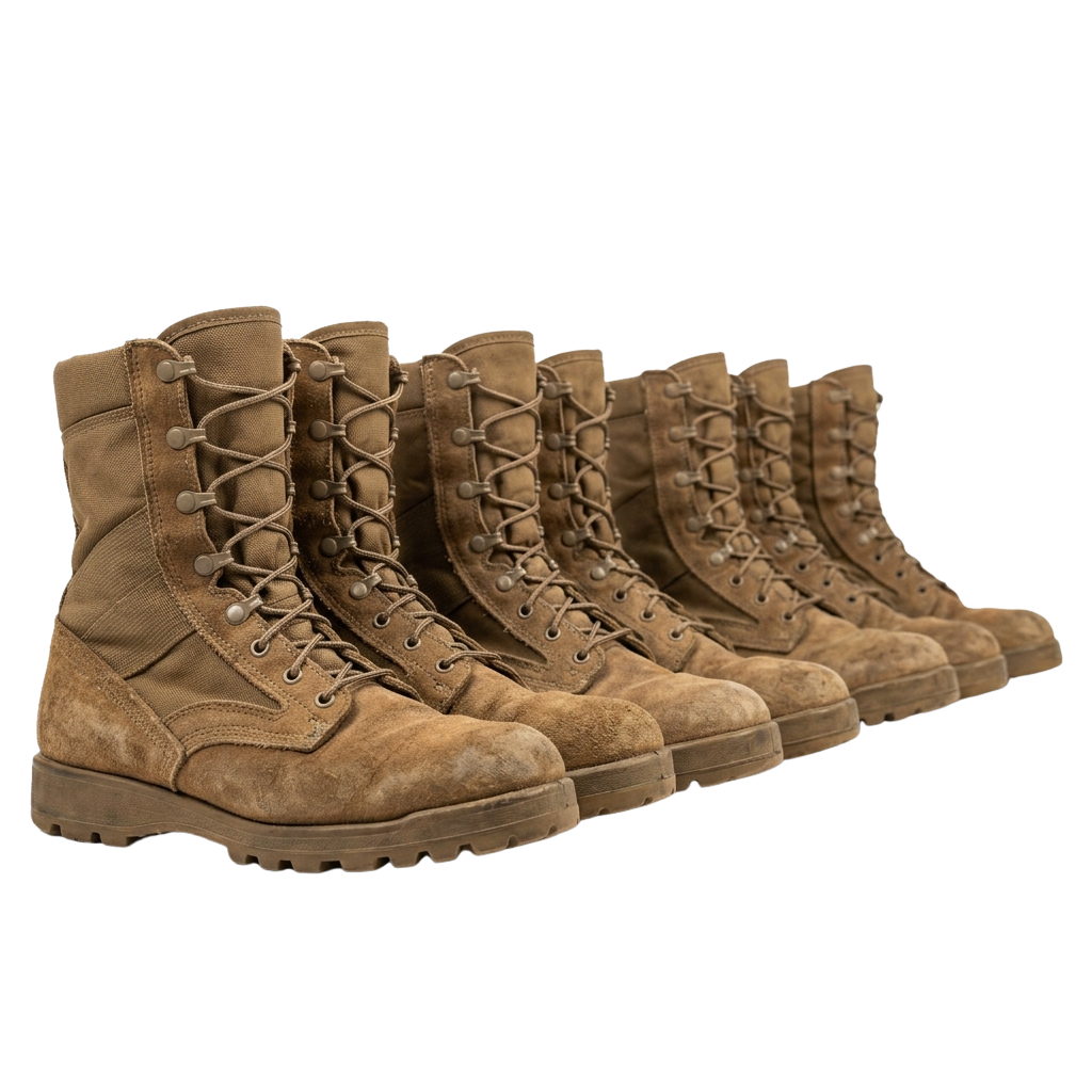 Five tan-colored lace-up hiking boots lined up against a black background