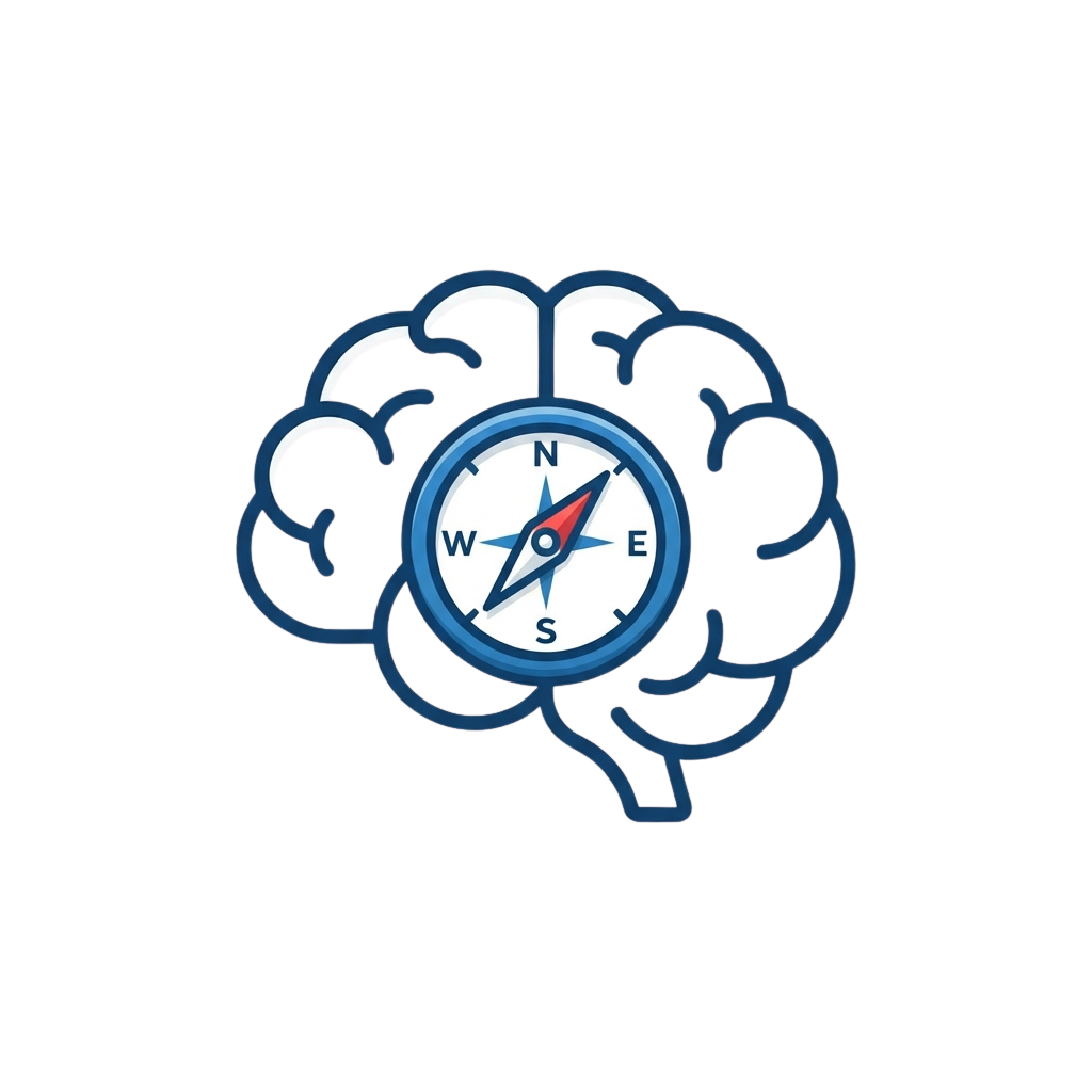 A stylized brain with a compass in the center, outlined in blue against a black background