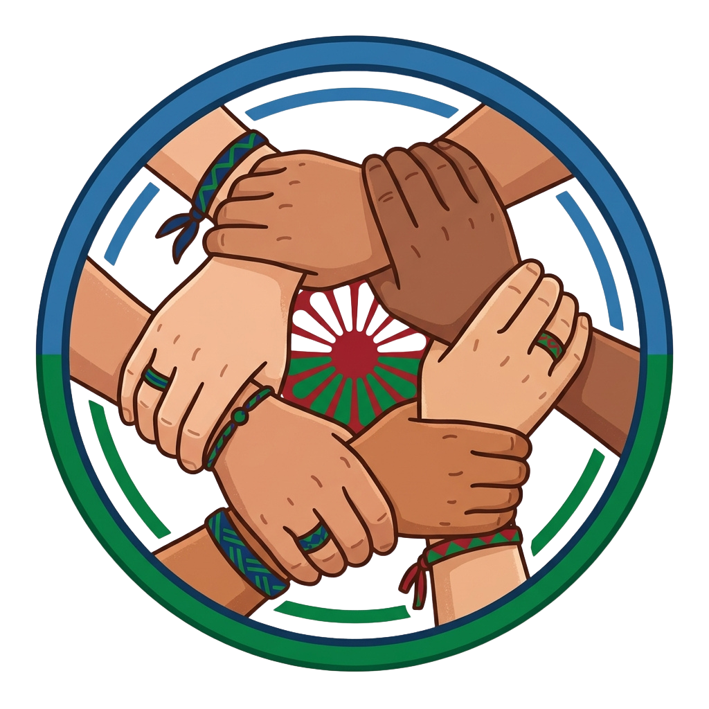 Illustration of five hands of different skin tones joined together in a circle with a sunburst symbol in the center