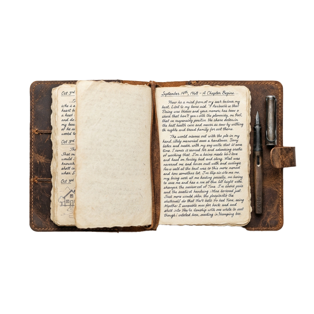 Open vintage journal showing handwritten diary entries with a quill pen resting on the right page