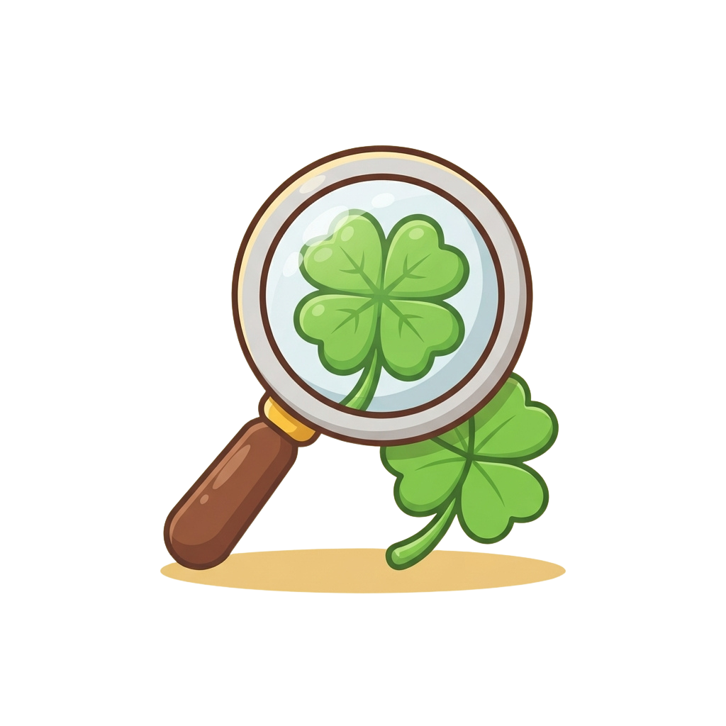 A magnifying glass focusing on a four-leaf clover with another clover beside it