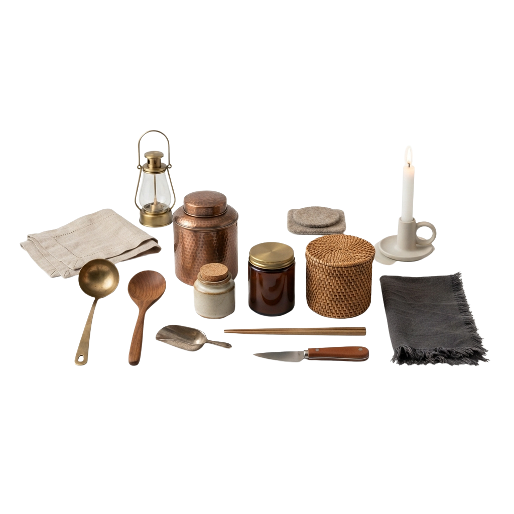 Collection of vintage kitchen utensils, jars, a lantern, candle, and cloths on a dark background