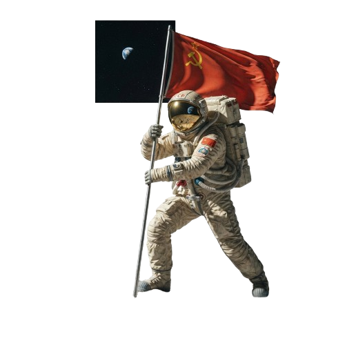 Illustration of an astronaut in a spacesuit holding a red flag with a yellow emblem and an image of Earth in the background