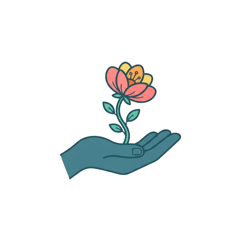A hand gently holding a small pink and yellow flower with green leaves
