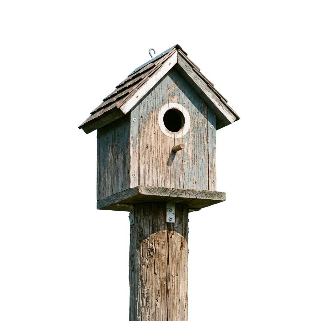 A wooden birdhouse mounted on a post with a round entrance hole and small perch