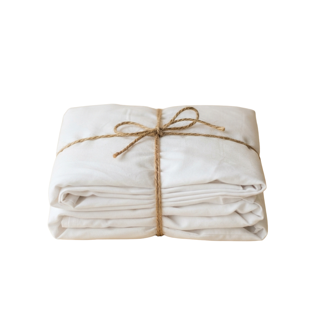 A neatly folded white linen blanket tied with natural twine.