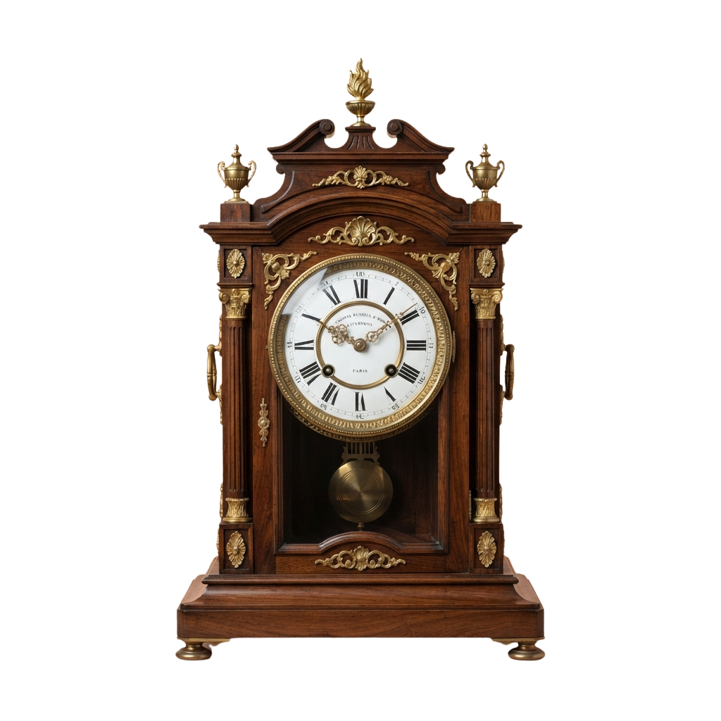 An antique wooden grandfather clock featuring intricate carvings and gold accents, with a white clock face and Roman numerals.