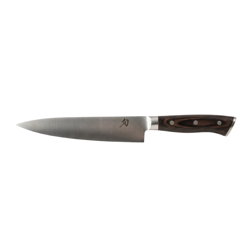 A sleek chef knife with a stainless steel blade and dark wooden handle.