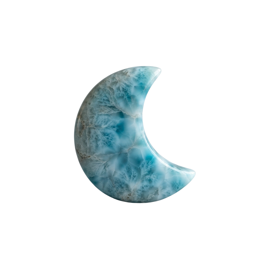 A crescent-shaped larimar stone with intricate blue patterns and white veins against a black background