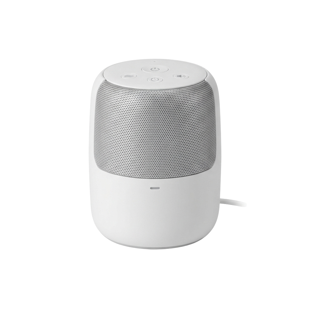 White portable smart speaker with mesh fabric top and control buttons on the upper side