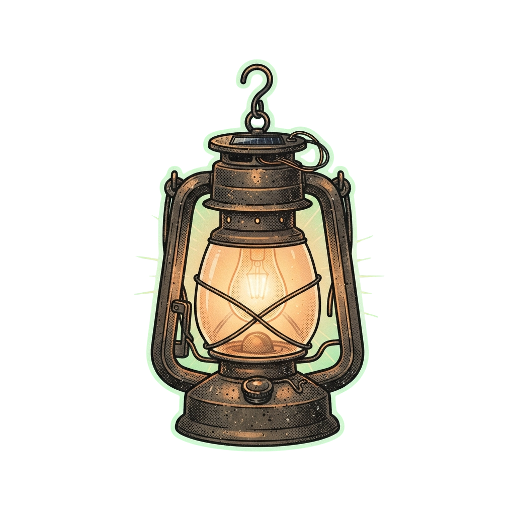 Illustration of a classic oil lantern with a glowing light and a hook on top against a dark background
