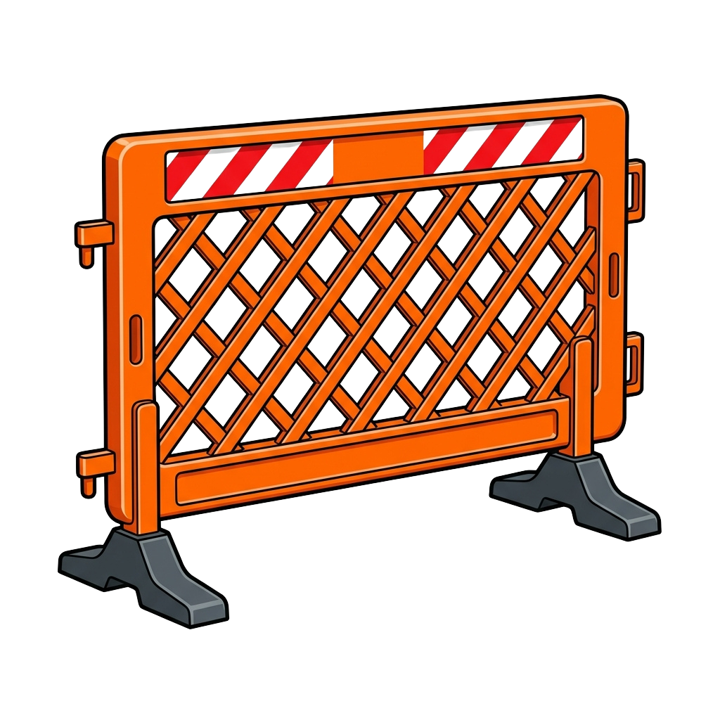 Orange safety barrier with diagonal black slats and red and white striped top, placed on gray feet