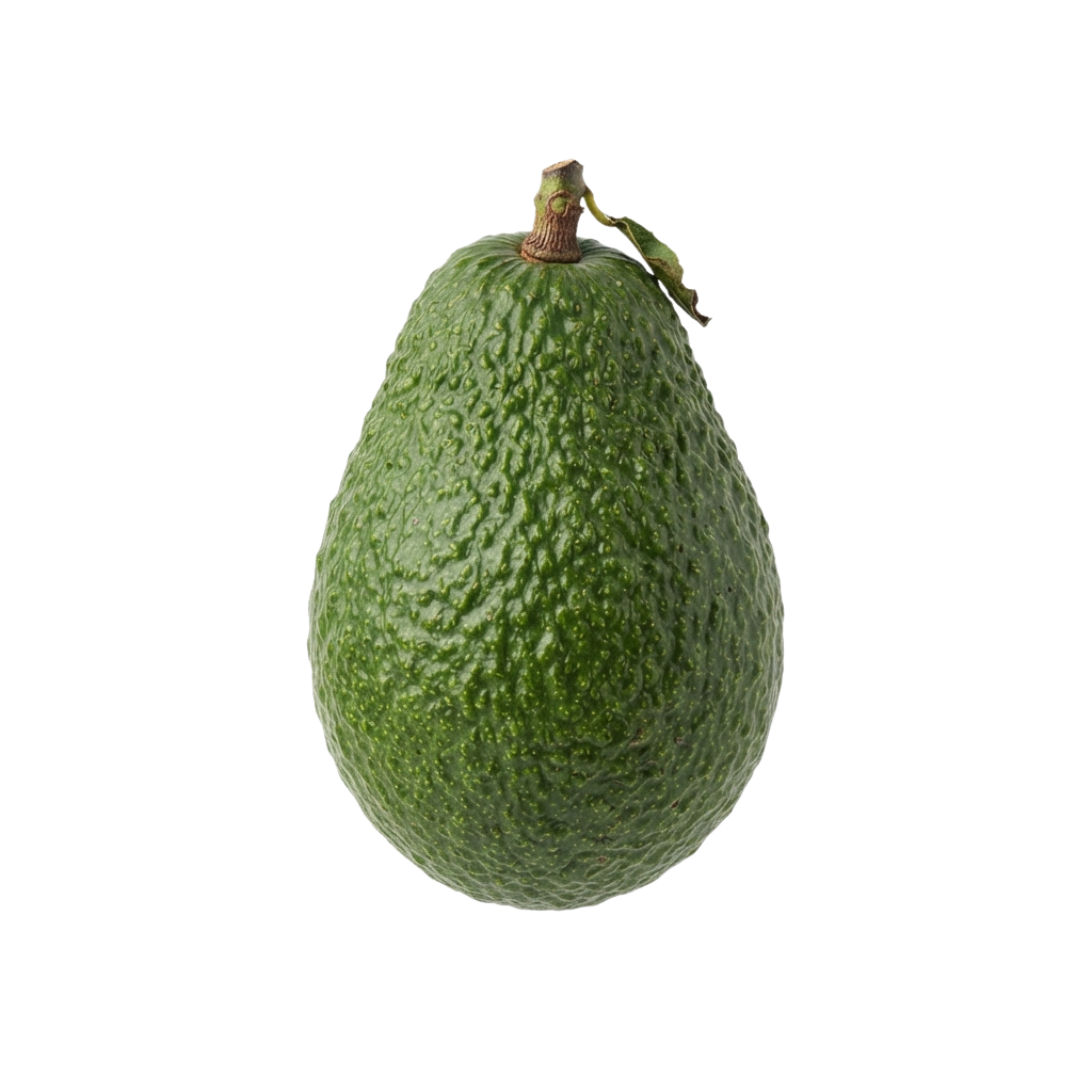 A single green unripe avocado with a small stem on top against a black background