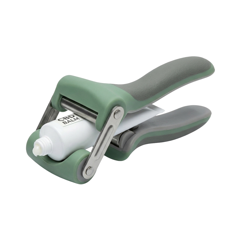 Green handheld spiralizer tool with a white container for vegetable peels