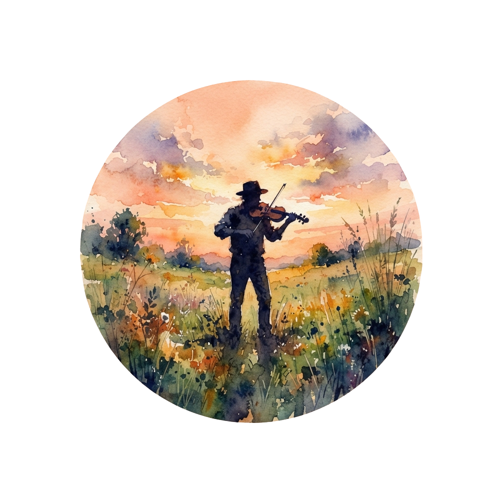 A silhouette of a person playing a violin in a colorful sunset meadow with wildflowers