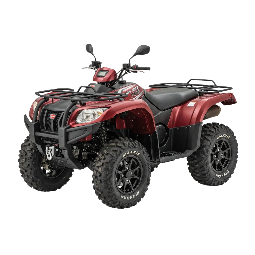 Red all-terrain vehicle with large off-road tires and front storage rack
