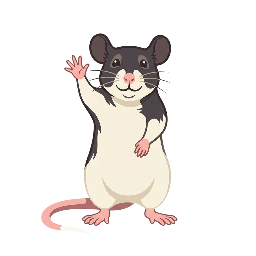 A cheerful cartoon mouse standing on hind legs waving with its front paw