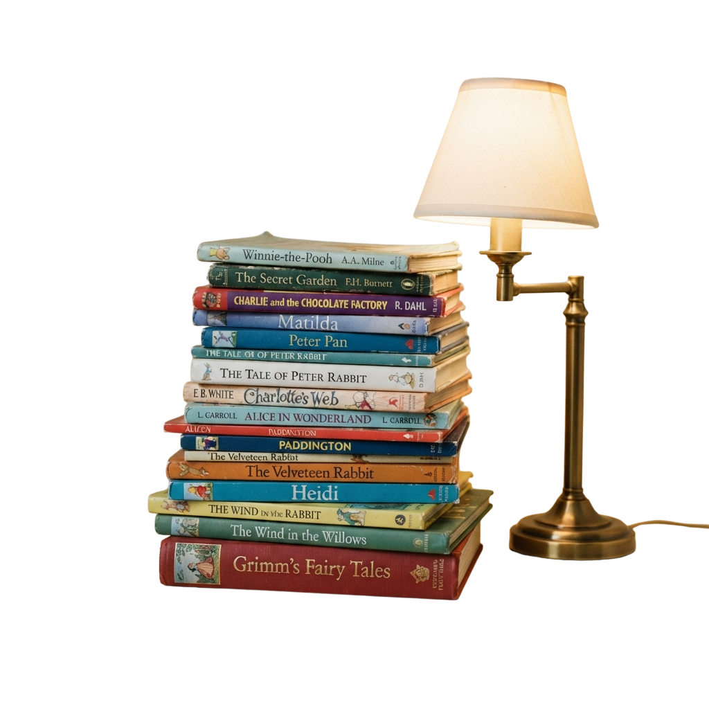 Stack of colorful children's books next to a brass desk lamp on black background