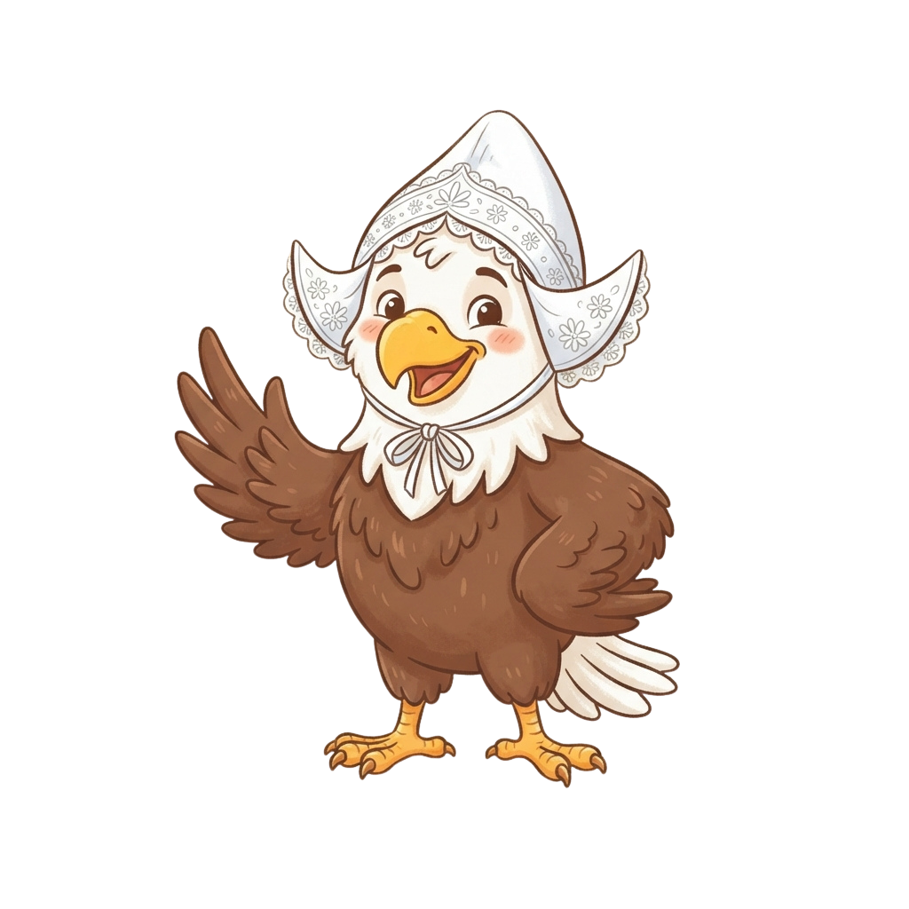 A cheerful cartoon eagle wearing a decorative white hat waves one wing in a friendly gesture